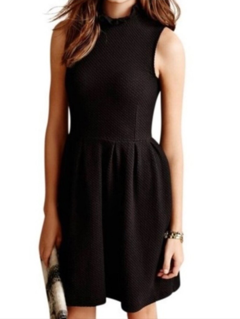 Ganni Anthropologie Sonora Ruffle Neck Textured Dress Pockets Pinnacle Knee M